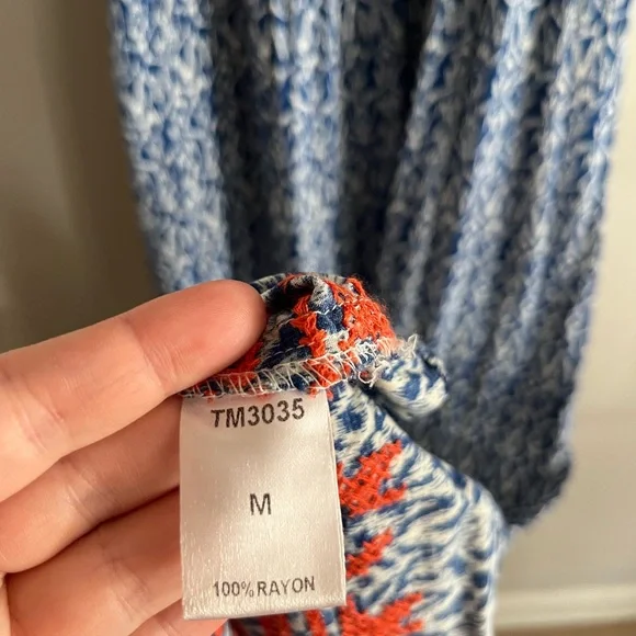 THML Blue Red Embroidered Boho Maxi Dress M Ikat Print Sleeveless Summer - Picture 4 of 7